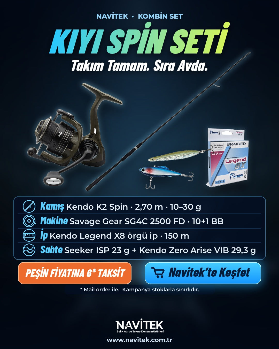 Navitek Kıyı Spin Seti – kamış, makine, örgü ip ve sahte