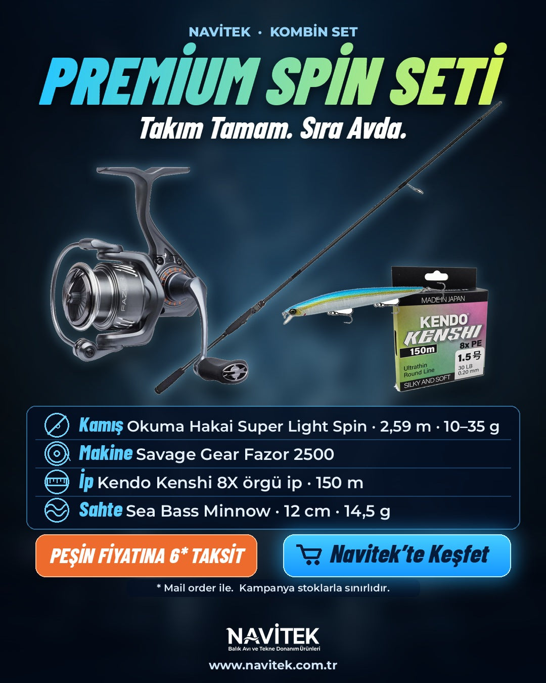 Navitek Premium Spin Seti – kamış, makine, örgü ip ve sahte