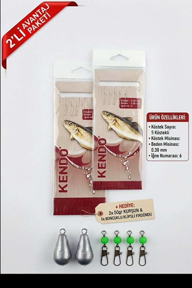 2'li Mezgit Avı Seti - 5 Köstekli Hazır Takım + 2 Adet 50gr Kurşun + 5 Adet Klipsli Fırdöndü