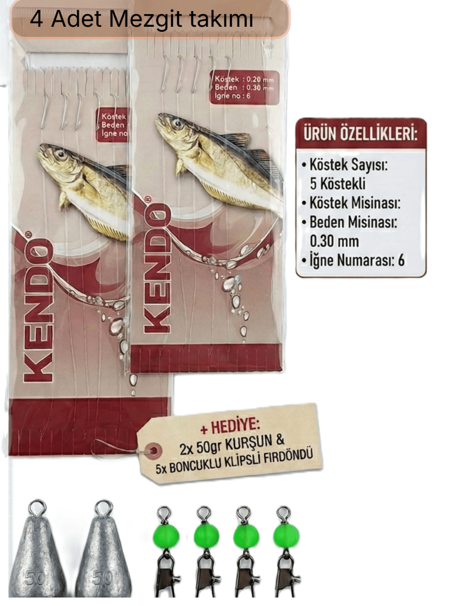 Kendo Profesyonel Mezgit Av Seti: 4 Adet 5 İğneli  Mezgit çaparisi + Hediyeler