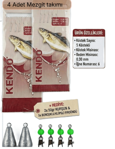 Kendo Profesyonel Mezgit Av Seti: 4 Adet 5 İğneli  Mezgit çaparisi + Hediyeler