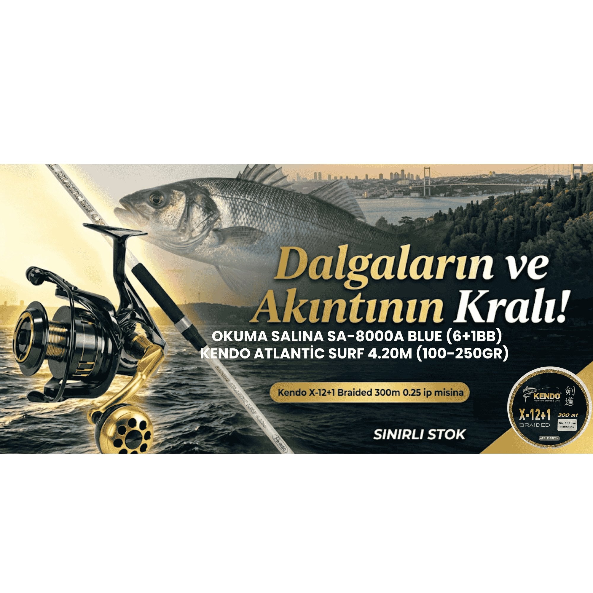 Master Surf Casting Seti Okuma Salina SA-8000A + Kendo Atlantic Surf 4.20m (100-250gr) Kendo X-12+1 300m İp