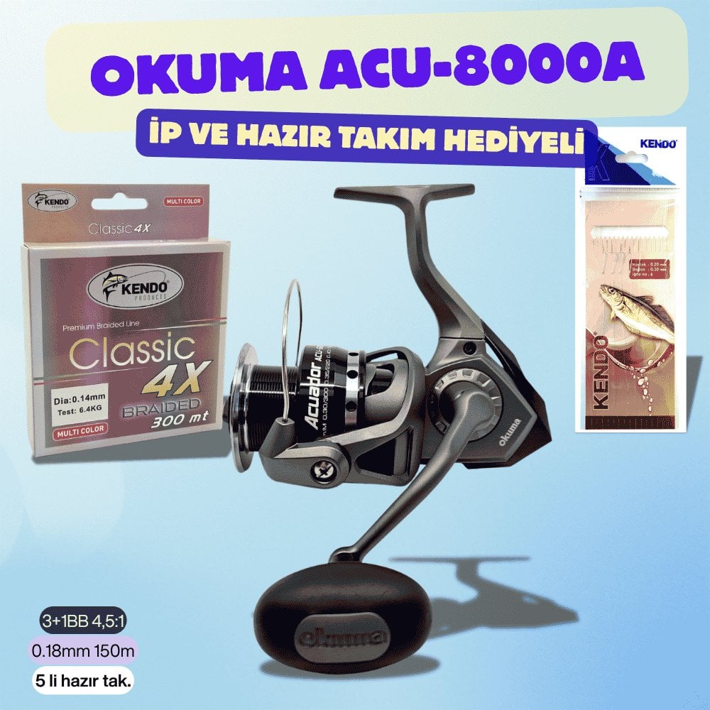 Okuma Acu-8000A  Kendo Classic 4x 300m 0.18mm İp Misina ve Hazır Takım Hediye