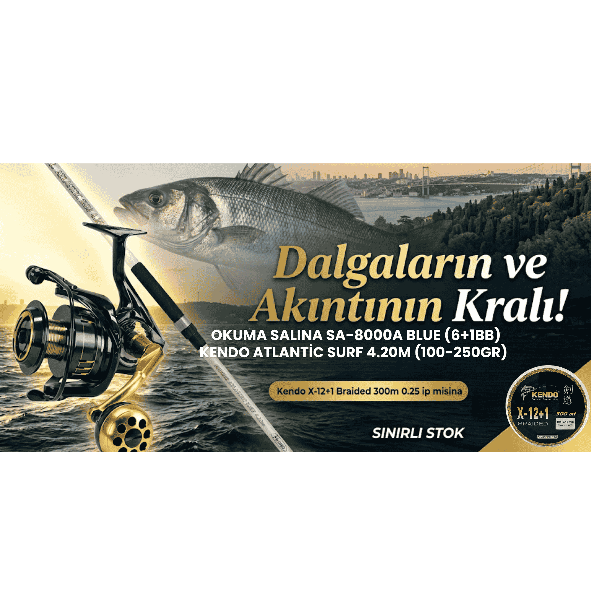 Trofe Avcısı Master Surf Casting Seti Okuma Salina SA-8000A + Kendo Atlantic Surf 4.20m (100-250gr) Kendo X-12+1 300m İp