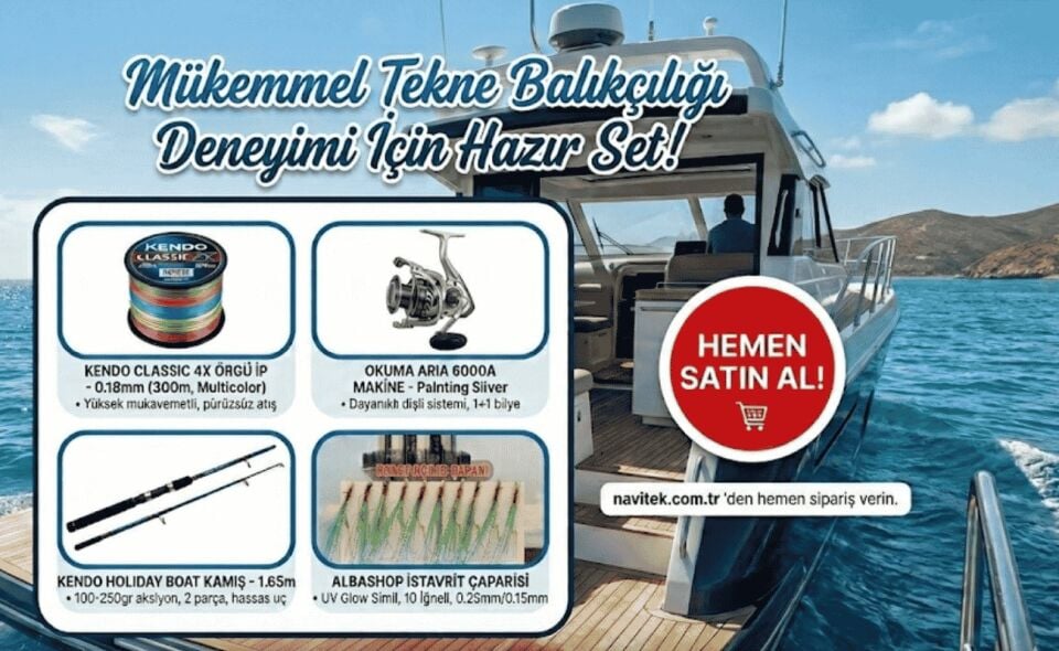 Tekne & Bot Balıkçılığı Hazır Olta Seti Okuma Aria 6000A -Kendo Holiday165cm kamış ve Classic 4x Örgü İp 0.18mm -Çapari (UV Glow Siml