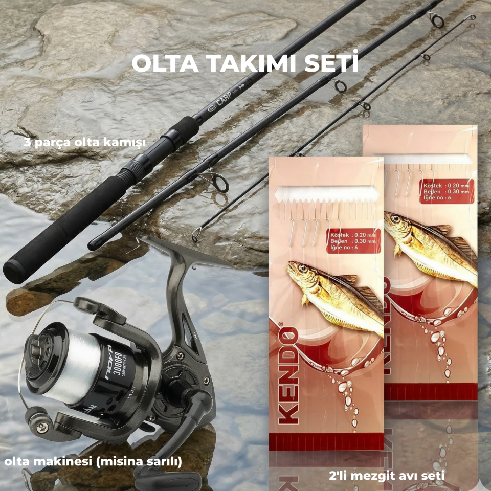 3 Parça Olta Takım Seti (3 Parça Olta Kamışı, Olta Makinesi, Mezgit Av Seti)