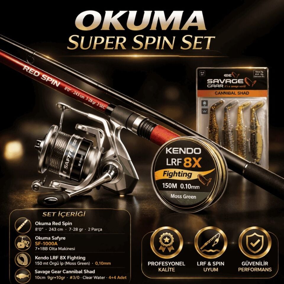 Okuma Super Spin Set  Red Spin 240cm 7-28gr + Safyre SF-1000A Makine + Kendo 8X İp + Savage Gear Cannibal Shad