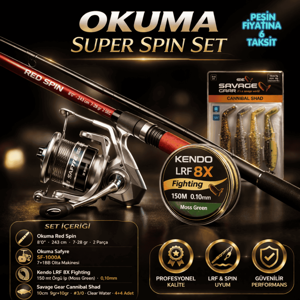 Okuma Super Spin Set  Red Spin 240cm 7-28gr + Safyre SF-1000A Makine + Kendo 8X İp + Savage Gear Cannibal Shad