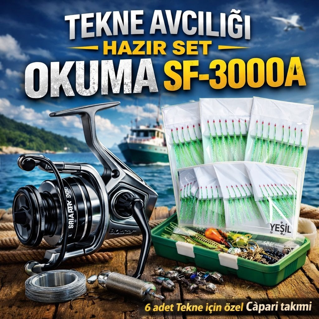 Okuma Safyre SF-3000A 7+1BB Olta Makinesi ve 6 adet Tekne avına özel Çapari seti