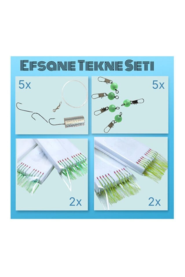 Teknede Balık Avı Seti (4 Adet çapari Yeşil -A.Yeşil,5x Lüfer takımı 3 İğneli 5x boncuklu fırdöndü)
