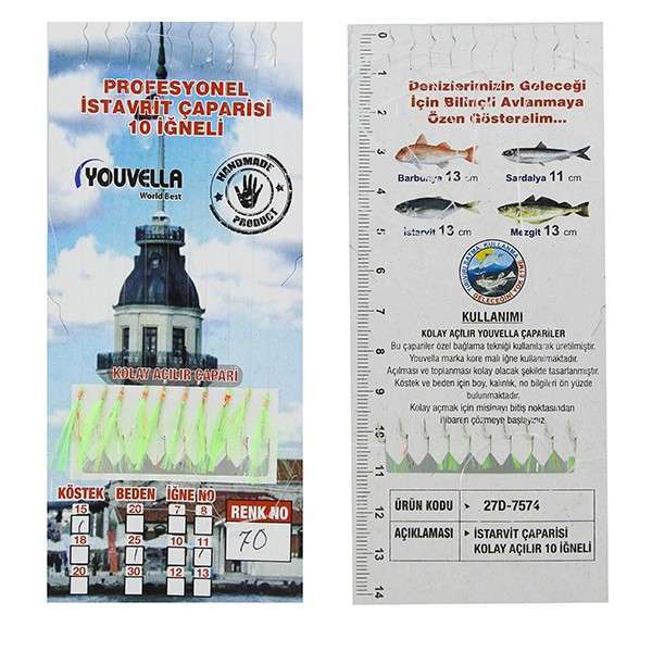 İstavrit Çaparisi UV-GLOW Simli 10 İğneli Kolay Açılan Çapari 025mm Beden x 015mm Köstek